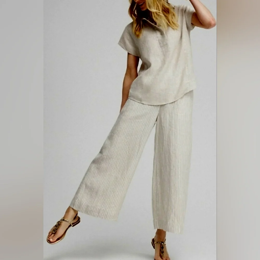 Chico's Women 100% Linen Wide-Leg Culotte Pants High Rise Oatmeal $109 12/Large - Picture 10 of 16